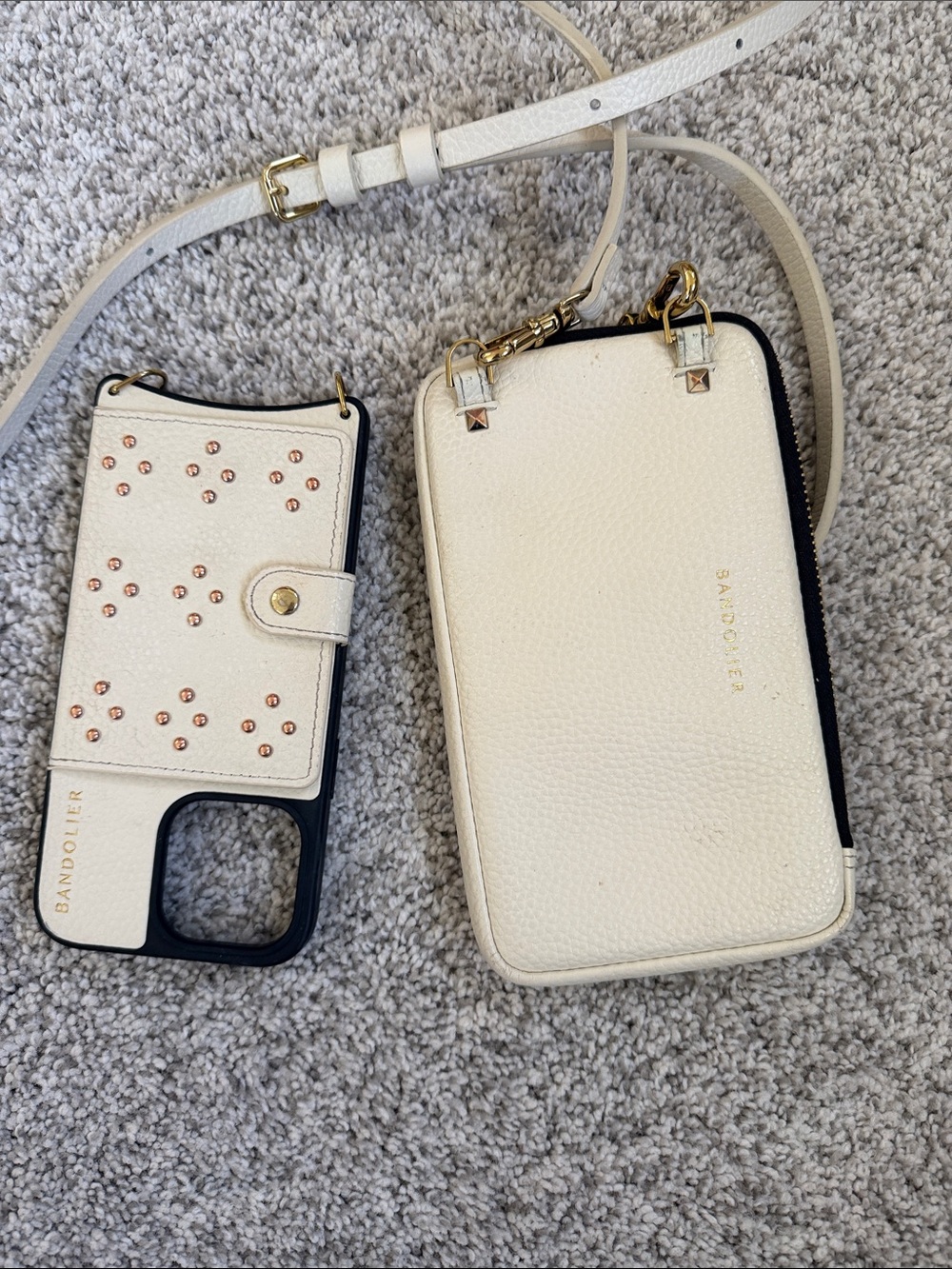 Bandolier Cream Leather Crossbody iPhone 14 Pro Max MagSafe Studded Case & Pouch